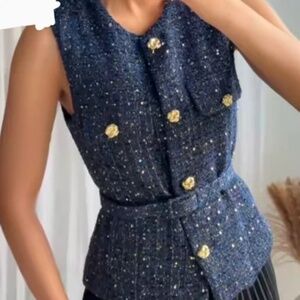 NWT Zara STRUCTURED BELTED VEST NAVY BLUE